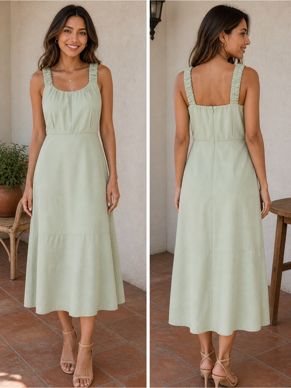 Women’s Sage Green Square-Neck Midi Dress